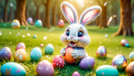 A cute and cheerful Easter bunny sits on a green lawn surrounded by Easter eggs and sweets.の素材