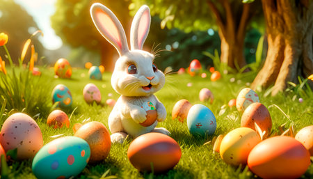 A cute and cheerful Easter bunny sits on a green lawn surrounded by Easter eggs and sweets.の素材