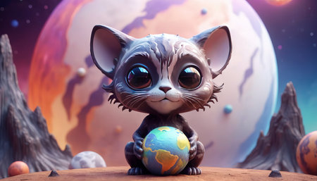 A lonely cute alien animal, similar to a cat, holds the planet in its paws.の素材