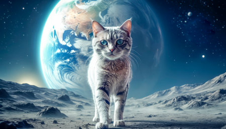 Lonely brave cat walks on the moon, space cat.の素材