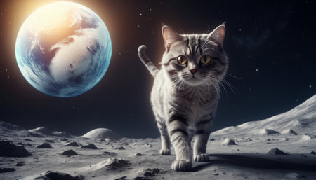 Lonely brave cat walks on the moon, space cat.の素材