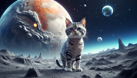 Lonely brave cat walks on the moon, space cat.の素材