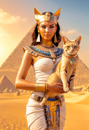 Beautiful Egyptian queen against the background of the pyramid. Egyptian queen with the sacred Egyptian cat.の素材