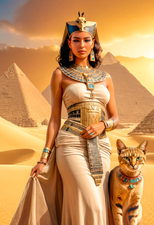 Beautiful Egyptian queen against the background of the pyramid. Egyptian queen with the sacred Egyptian cat.の素材