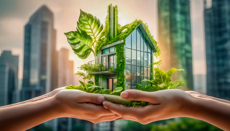 Eco-friendly modern house in female hands, concept of ecology and environmental protection.の素材