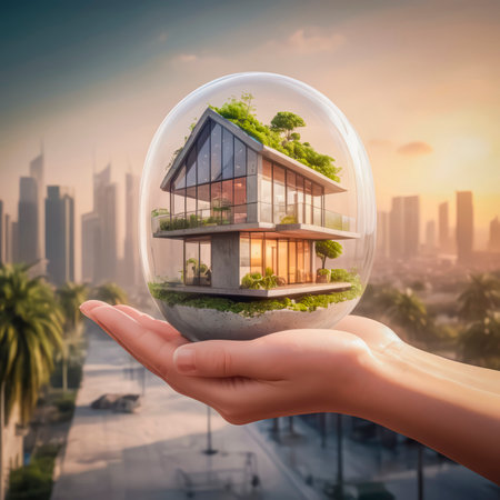Eco-friendly modern house in female hands, concept of ecology and environmental protection.の素材