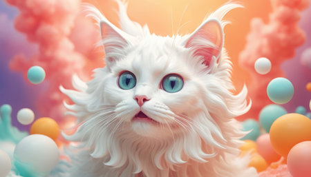 The cat looks with big eyes, is surprised and indignant, meows. cyclic rendering.の素材