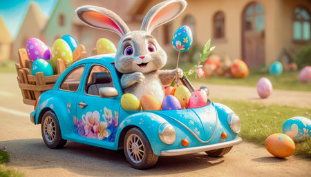 A cute and cheerful Easter bunny is carrying Easter eggs and sweets in a car.の素材