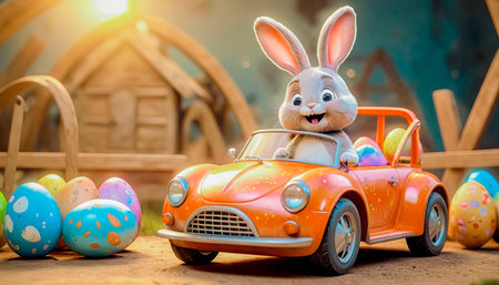A cute and cheerful Easter bunny is carrying Easter eggs and sweets in a car.の素材