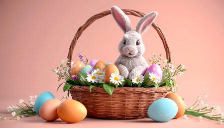 A cute and cheerful Easter bunny sits in a basket with Easter eggs and sweets.の素材