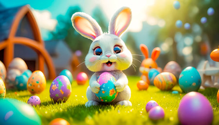 A cute and cheerful Easter bunny sits on a green lawn surrounded by Easter eggs and sweets.の素材
