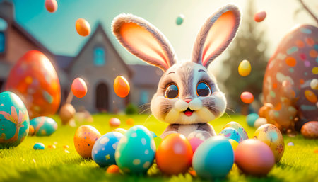 A cute and cheerful Easter bunny sits on a green lawn surrounded by Easter eggs and sweets.の素材