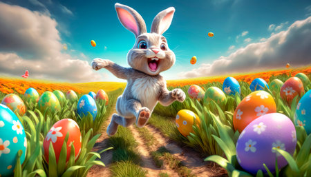 A cute and very cheerful Easter bunny runs along a green lawn, surrounded by Easter eggs and sweets.の素材