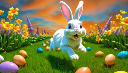 A cute and very cheerful Easter bunny runs along a green lawn, surrounded by Easter eggs and sweets.の素材