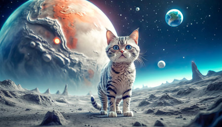 Lonely brave cat walks on the moon, space cat.の素材