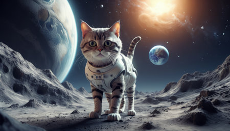 Lonely brave cat walks on the moon, space cat.の素材