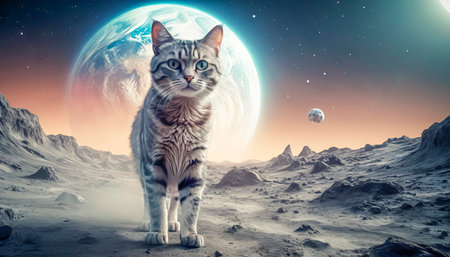 Lonely brave cat walks on the moon, space cat.の素材