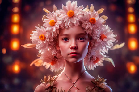 Portrait of a beautiful and mysterious girl in a beautiful wreath of flowers on her head.の素材