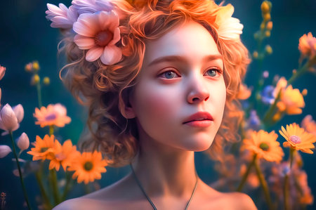 Portrait of a beautiful and mysterious girl in a beautiful wreath of flowers on her head.の素材