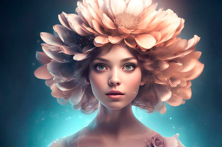 Portrait of a beautiful and mysterious girl in a beautiful wreath of flowers on her head.の素材