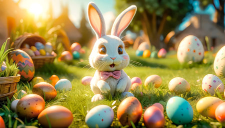A cute and cheerful Easter bunny sits on a green lawn surrounded by Easter eggs and sweets.の素材