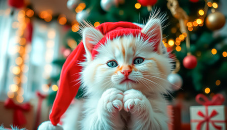 Beautiful cute kitten with Christmas gifts in festive interiorの素材