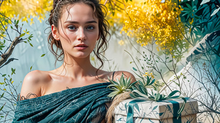 Beautiful noble and romantic girl with gifts in her hands.の素材