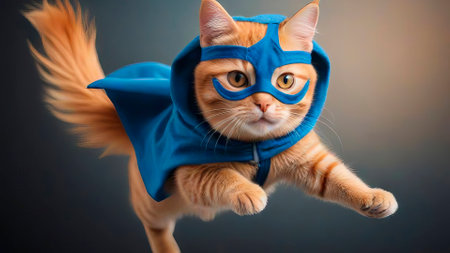 Cute ginger tabby cat dressed as superhero flying in superhero cape on dark blue background.の素材