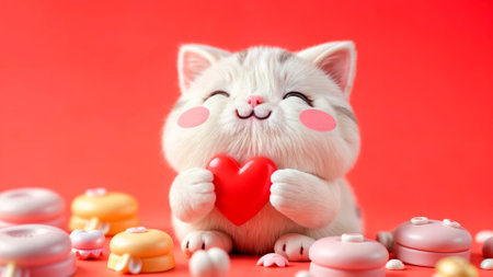 A cute smiling cat gives a red heart and smiles on Valentine's Day, the day of love.の素材
