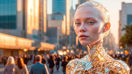 Portrait of mysterious blonde woman model in golden fantasy outfit, street fashion of the future.の素材
