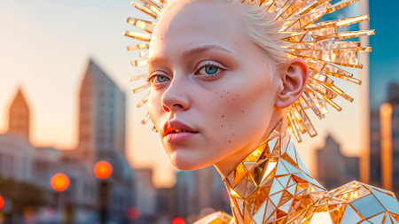 Portrait of mysterious blonde woman model in golden fantasy outfit, street fashion of the future.の素材