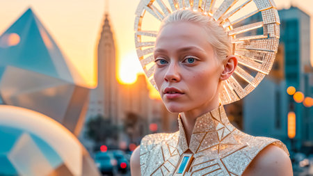 Portrait of mysterious blonde woman model in golden fantasy outfit, street fashion of the future.の素材