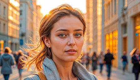 Portrait of mysterious woman in golden ultramodern outfit, street fashion of present and future.の素材