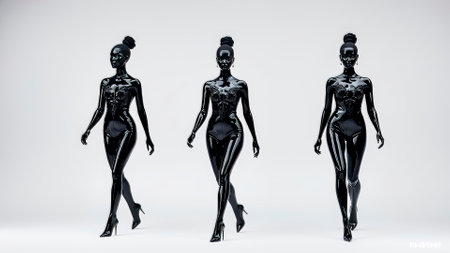 Black mannequin model walking on white catwalk.の素材