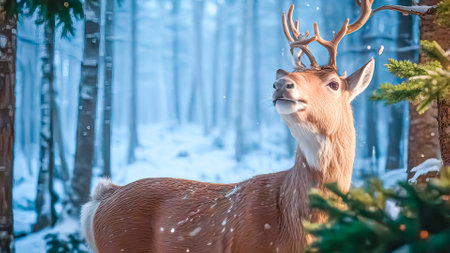 Beautiful Christmas deer in a snowy forest, symbol of the New Year.の素材