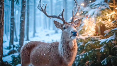 Beautiful Christmas deer in a snowy forest, symbol of the New Year.の素材