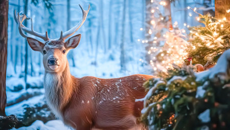 Beautiful Christmas deer in a snowy forest, symbol of the New Year.の素材