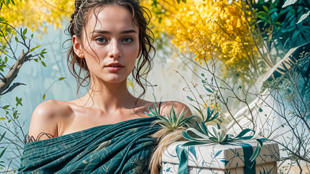 Beautiful noble and romantic girl with gifts in her hands.の素材