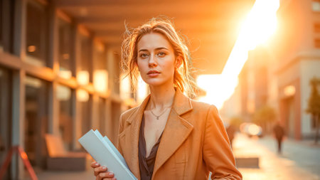 Happy young architect walking down the street with new project in hands.の素材