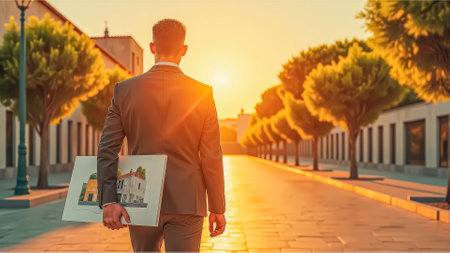 Happy young architect walking down the street with new project in hands.の素材