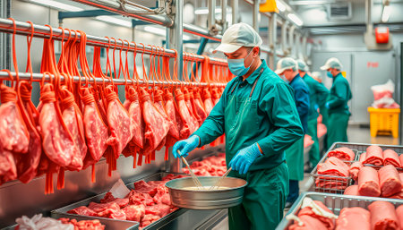 Production line in a meat processing plant. Workers in a factory producing food products from meat.の素材