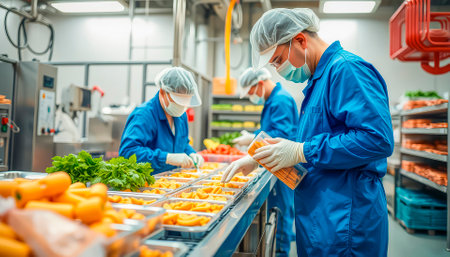 Production line in food manufacturing. Food production employeesの素材
