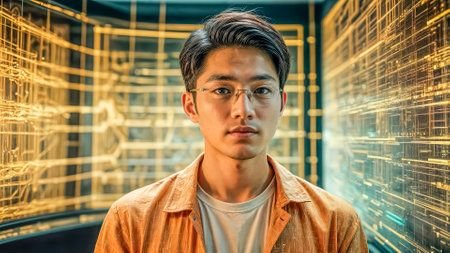 Portrait of a code developer sitting at a table with multiple screens, analyzing an algorithm in a software development agency.の素材