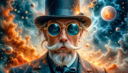 Portrait of a genius scientist in steampunk style, extraordinary scientist, professor.の素材