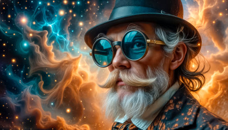 Portrait of a genius scientist in steampunk style, extraordinary scientist, professor.の素材