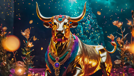 Beautiful and powerful golden bull, symbol of wealth and prosperity, golden bull idol, golden bull in golden treasure, religious worship of golden calf.の素材