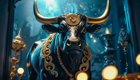 Beautiful and powerful golden bull, symbol of wealth and prosperity, golden bull idol, golden bull in golden treasure, religious worship of golden calf.の素材