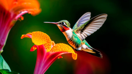 bright hummingbird bird over a flower on a dark background.の素材