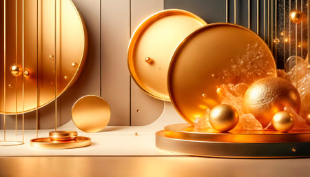 Collection of luxurious geometric backgrounds in gold, rose gold and black frames with abstract 3D circles for cosmetics, with plenty of copy spaceの素材