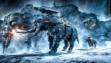 Fantasy battle space robots - mammoths go on the offensive and shoot laser beams.の素材